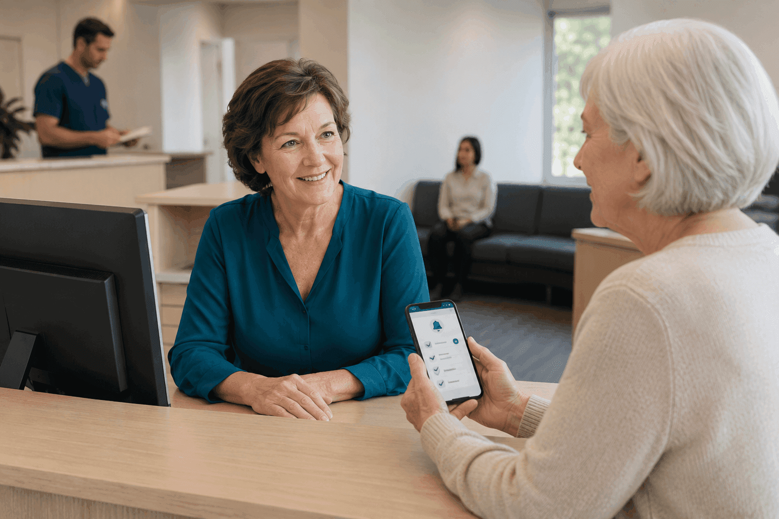 A clinic staff member welcoming a patient who is following MyOpAssist reminders on her phone