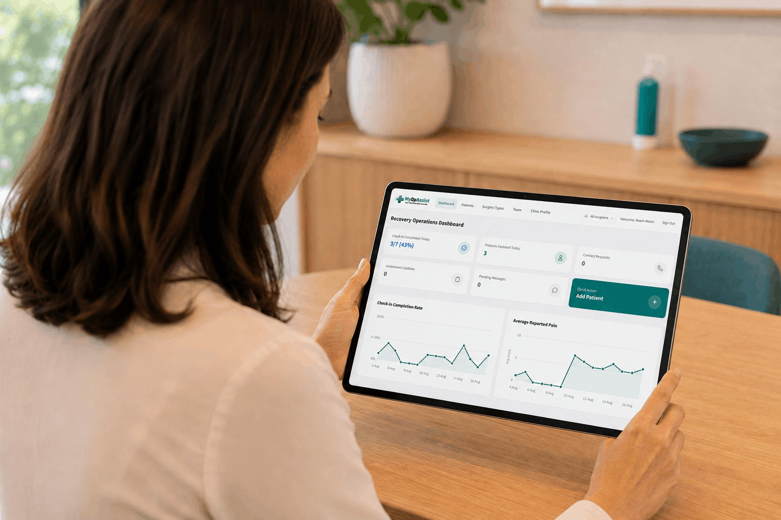 The MyOpAssist recovery operations dashboard on a tablet in a clinician’s hands